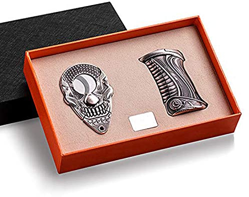 HB1 High-End Zigarrenanzünder Cutter Set Nachfüllbar Gas Butan Gerade Winddichtes Feuerzeug Exquisite Geprägte Schädel Stanless Stahl Zigarrenschneider Geschenkbox,Silver
