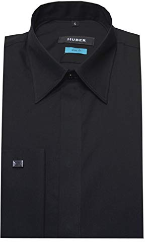 HUBER Slim Fit Herren Hemd Langarm mit Umschlagmanschetten figurbetont schwarz XXL