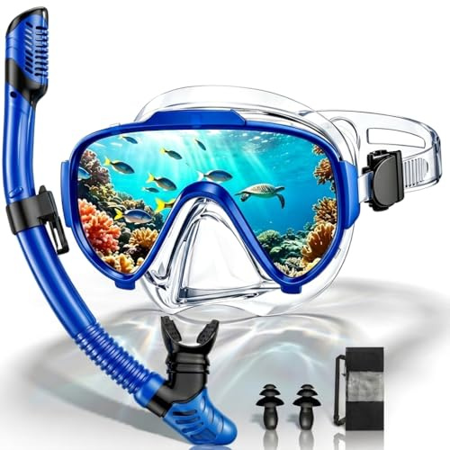 Arlierss Masque de Plongée pour Adulte,Lunettes de Plongée Panoramiques à 180 ° et Masque Anti-Buée en Verre Trempé et Tuba Sec, Ensemble de Plongée avec Tuba, Unisexe Adulte-Bleu