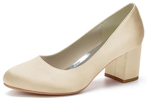 Dam rund tå blockklack 6 cm slip-on lågklackade skor satin hovskor bröllop brud, Champagne, 40 EU