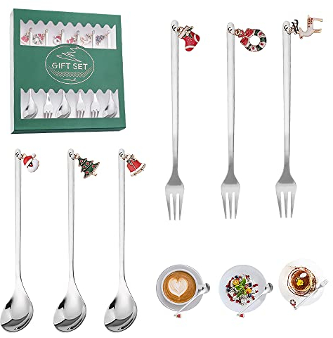 BUZIFU 6 Stück Weihnachten Kaffeelöffel und Gabeln Set, 3 Löffel und 3 Gabeln, Edelstahl Rührlöffel Dessertlöffel Teelöffel Tischgabel Weihnachten Besteckset für Teesuppe,Geschenkbox Verpackung