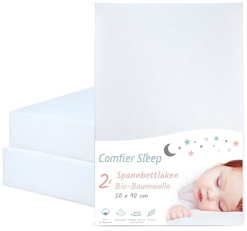 Spannbettlaken Kinderwagen 90x50 cm – 2er-Set Weiss Baby Spannbettlaken Aus Bio-Baumwolle – Waschbar & Weich – Für Kinderwagenmatratze