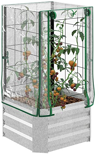 Outsunny Hochbeet Pflanzkasten mit Rankgitter, Spalier Pflanzkübel Blumenkasten Stahl, Gartenspalier 53 x 53 x 90 cm für Garten Balkon Terrasse, Blumenkübel für Kletterpflanzen Korbpflanzen, Blumen