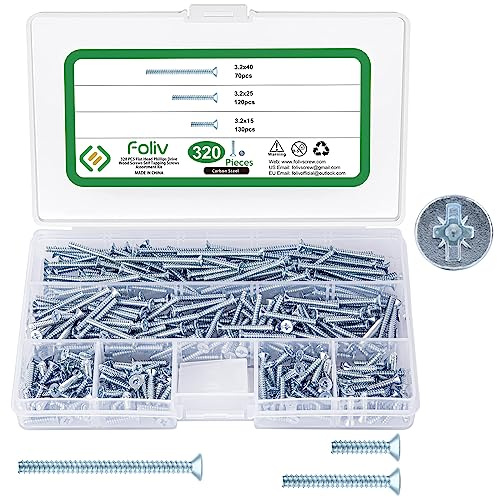 Foliv 320 st. apparatskruvar för kopplingsdosor, maskinskruvar, sortimentslåda Ø 3,2 x 15 mm, 3,2 x 25 mm, 3,2 x 40 mm, försänkta skruvar av stål galvaniserade med PZ1/slits, för reparation av