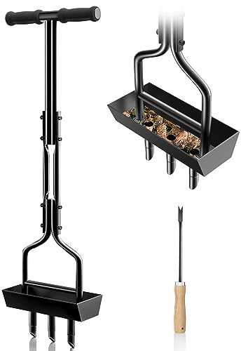 EEIEER Manual Lawn Aerator Tool with Soil Storage Basket - 2025 Upgraded Aerator Lawn Tool, 3 Tines Yard Aerators with Cleaning Tool, 38’’ Ergonomic Aeration Tools for Compacted Soil & Lawn Care