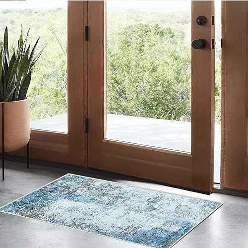 JURLEA Flurläufer Rutschfester Teppichläufer für Flure Küche & Wohnzimmer waschbar leicht Langer Läufer (Creme/Blau, 60 x 120 cm)