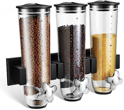 Umigy Candy Dispenser Wall Mounted, Triple Dry Cereal Dispenser Grain Dispenser Machine Wall Mount, Food Storage Container for Pantry Snack Dispenser with 3 Cup for Kitchen, 39 oz(Black, 1 Pcs)