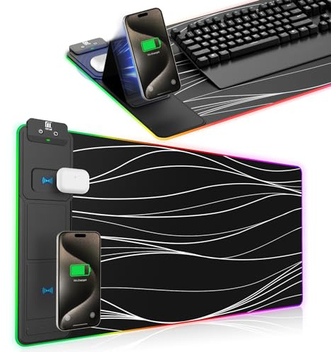 XXL Mouse Pad with Phone Holder, RGB Desk Mat with 15W Fast Charging, LED Large Gaming Mouse Pad with 11 Lights Colors, Long Mouse Pads, Waterproof Non-Slip Desk Pad for Gamer Esports Pros