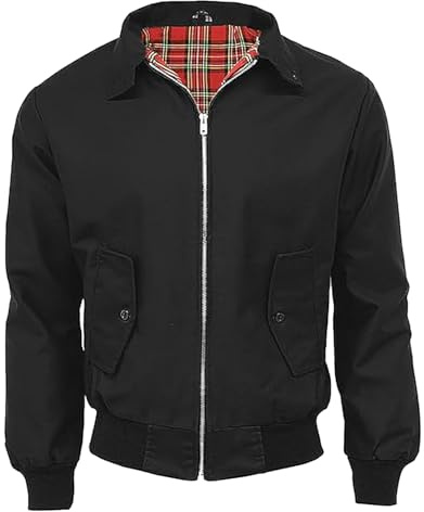 JM CLOTHING Marcus Chaqueta Harrington para hombres, adultos, unisex, damas, vintage, clásica, retro, bomber, forro de tartán, de moda ondulada, Negro, S