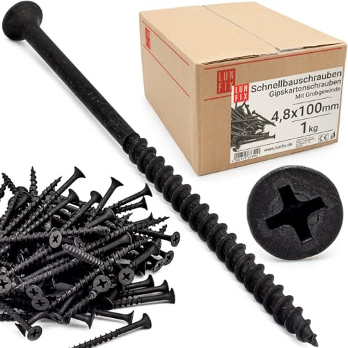 Lun Fix Schnellbauschrauben 4,8x100 mm 1Kg - 115 Stück |Trockenbauschrauben Mit Grobgewinde |Gipskartonschrauben |Schwarz Rigipsschrauben für Gipskartonplatten |Gipsplattenschrauben, Schnellschrauben