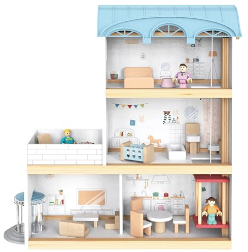 4iQ Group Puppenhaus aus Holz 41,5x14x39,5cm - Puppenhaus ab 3 Jahre Mädchen - Groß Haus mit 3 etagen - Dollhouse mit Möbeln und Zubehör