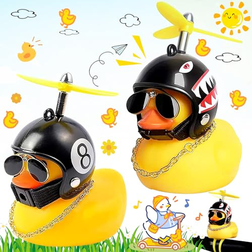 WiDream 2 Stück Gelbe Ente Auto Ornament, Ente Fahrrad Bell, Gummi Gelb Ente Auto Ente Mit Propellerhelm und Befestigungsband, Gelbe Gummiente Auto Accessoires für Auto Fahrrad Ornament