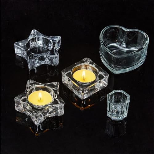 SUPERFINDINGS 5 Pièces 5 Styles Bougeoir Photophore en Verre Ensemble de Bougeoirs Coeur Étoile Octogone Carré Bougie Dessous de Plat Bougeoir en Verre Transparent 32~76x32~77mm