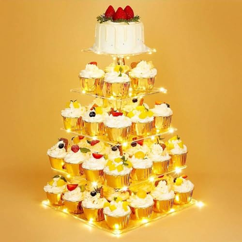 Ulifeme 5 Etagen Cupcake Ständer, Gelb LED Lichterkette de Tortenständer Acryl für Hochzeit, Party, Geburtstag, Baby Duschen & Kuchen Dessert, Torten Etagere 5-stöckig, Quadrat Cupcake Stand