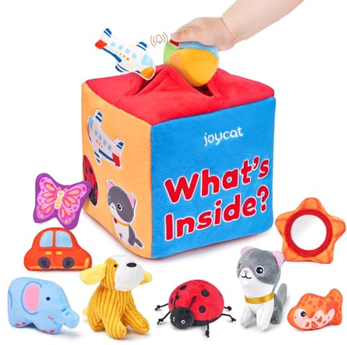 JoyCat Jouet Bebe 6 Mois - Boîte à Jouets Sensoriels Montessori avec 10 Jouets Lavables, Hochet, Crépitement, Miroir - Jeux Eveil Bebe Cadeau Bebe 1 an