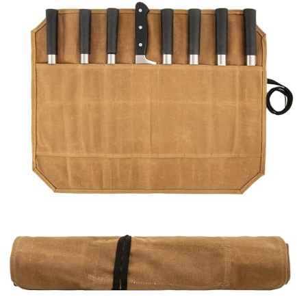 Chefs Knife Roll Bag, Waxed Canvas Knife Bag with Rope, Portable 8 Slots Knife Case, Multi-Function Knife Pouch Holder Knife Wrap Wallet Storage Bag for Home Kitchen Traveling Camping