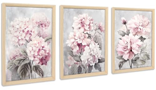 3 Pcs Grau Rosa Hortensien Blumen Mit Rahmen Leinwand Bilder Pfingstrose Blumen Bild auf Leinwand Malerei Poster Wandbilder Wohnzimmer Schlafzimmer Wanddeko 90x40cm (12x16x3pcs) (Kein Plexiglas)