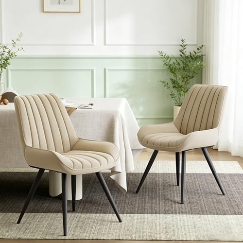 Hawthyhome Esszimmerstühle 2er Set | Polsterstühle mit 5 cm Sitzkissen • künstlicher Stoff Dining Chair • Küchenstuhl mit Rückenlehne • Moderne Sessel • Metallbeine • Beige FU01043BE-2