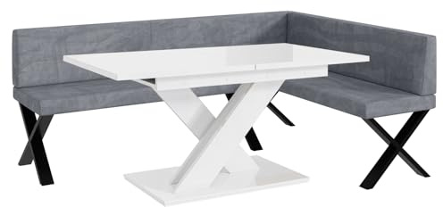MEBLINI Eckbank für Esszimmer mit ausziehbarem Tisch - Küchenbank - Essecke - Sitzecke Küche - Toni - X-Beine 142x196x87cm Rechts - Grau Samt/B Weiß Hochgl.