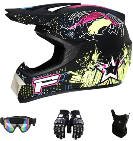 DriveNova Hjälm för motocross, MTB, fyrhjuling och motorcykel, integralhjälm med handskar, mask och glasögon, för vuxna och barn, DOT-certifierad