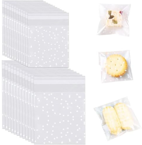200Pcs Selbstklebende Süssigkeiten Tüte, Transparent Weiße Plätzchentüten | 2 Stile Tupfen Kekstüten Geschenktüten 5.5x5.5cm/10x15cm zur Aufbewahrung von Süßigkeiten, Keksen und Geschenke