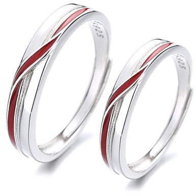 Calefee Anelli Filo Rosso del Destino, Anello per Coppia Fidanzati Argento 925 Regolabili Anello a Fascia Semplice con Smalto Rosso