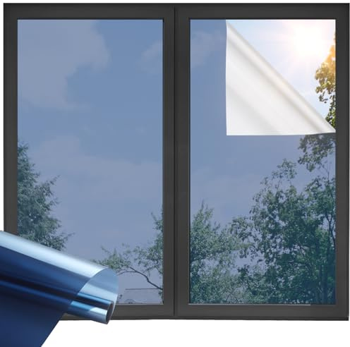ADD.HERES One Way Window Privacy Film, Sun Blocking Anti UV Reflective Static Cling, Window Tint for Home and Office, No Glue Garage Solar Paper, Blue Silver, 29.5 x 78.7