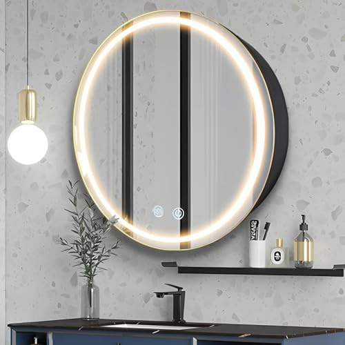 Janboe 61 cm runder Medizinschrank mit Lichtern, LED-Medizinschrank mit Entnebeler, beleuchteter Spiegelschrank für Badezimmer, dimmbar, beschlagfrei, 3000 K-6500 K Farbtemperatur