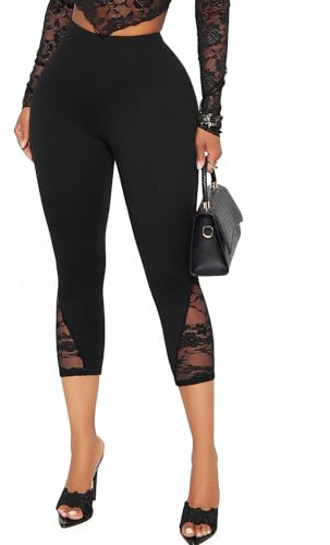 TZLDN Leggings 3/4 para mujer con encaje Capri Leggins tres cuartos Jeggings Pantalones Verano Diario Oficina, Negro , M