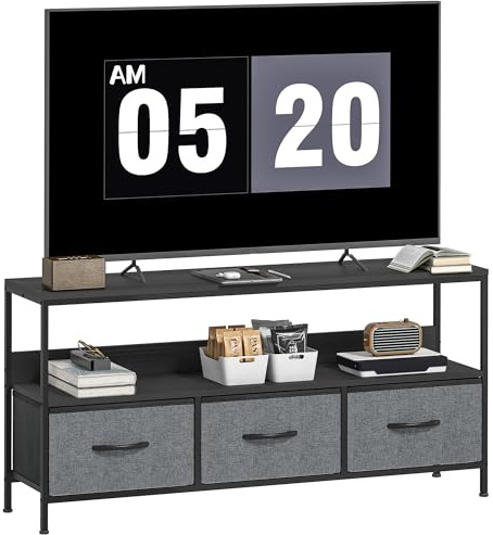 HOMCOM TV Stand Cabinet TV Unit up to 55-inch Black | 3 Foldable Linen Drawers, Open Shelf, Living Room, Bedroom, Entertainment Room