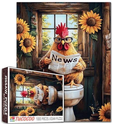 Tucocoo puzzle amusant 1 000 pièces pour adultes, poulet lunettes, lecture journal, tournesols Puzzle mural salle de bain ferme, cadeau, jeux familiaux difficiles