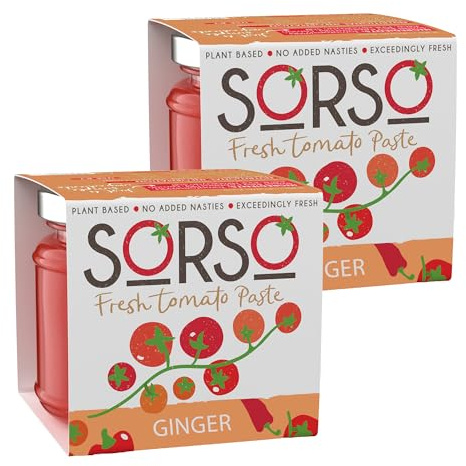 SORSO Ginger Tomato Paste 2x220g | Vegan, No Added Sugar, Gluten-Free | Natural Italian Recipe | Made in London | Use for Pizza, Pasta, Ketchup, Dip or Soup | 98% Vine Tomatoes