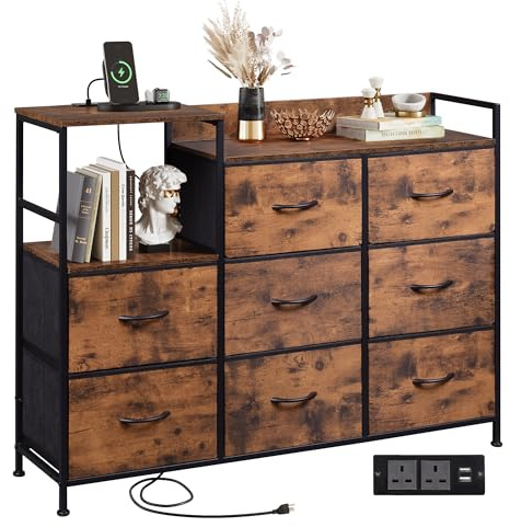 WLIVE Chest of Drawers with Charging Station, 8 Fabric Storage Drawers with Metal Frame and Wooden Top, TV Media Console Table Open Storage Shelves for Bedroom, Living Room, Hallway, Rustic Brown