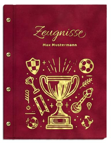 Personalisierbare Zeugnismappe in roter Samtoptik mit eigenem Namen und Motiv - inkl. 12 Sichthüllen - Goldener Aufdruck mit individuellem Motiv selbst gestalten
