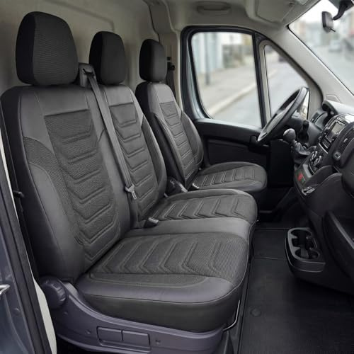 GIOVANNI BUTTI Autositzbezüge 2+1 für FIAT Ducato, Peugeot Boxer, Citroen Jumper 2014-2026, Opel Movano C 2022-2026 - Piqué-Stoff/Schwarz - Vordersitz-Set (rechter Beifahrersitz geteilt)
