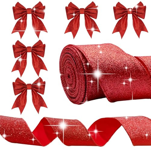 10M Geschenkband Rot Breit,Rotes Breites Schleifenband Weihnachten Weihnachtsband mit Draht,Weihnachtsbaum Glitter Satinband Schleife Geschenkbänder Drahtkante,für Geschenk Christmas Tree Ribbon Deko