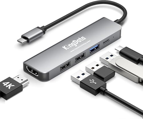 KingData Hub USB C, adaptateur multiport USB-C 5 en 1 avec PD 100 W maximum, HDMI 4K, 3 ports de données USB-A, hub de type C en aluminium pour MacBook Air M1/M2, iPhone 15, 16, 17 Pro/Pro Max, Galaxy