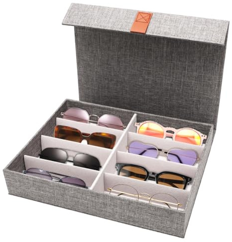LOMUG Aufbewahrungsbox aus Grau Leinen für 8 Brillen - Verstärkt mit Holz - Zur Präsentation und Aufbewahrung, 32x25x6 cm