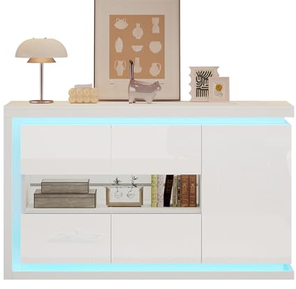 Bladez Meuble TV Moderne avec LED, 140x40x84 cm, Buffet Blanc Laqué avec Portes en Verre Trempé, 4 Compartiments, pour Salon, Bureau, Couloir