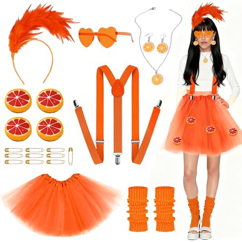RIRIDAMAI AperolKostüm Damen Set, Tüllrock Orange Erwachsene, Enthält Orangen Hosenträger, Kniehohe Socken, Halskette, Sonnenbrille, Stulpen für Karneval Party Fasching JGA