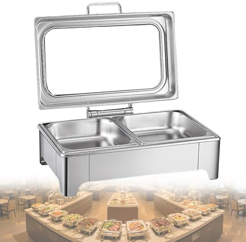 Scaldavivande elettrico, scaldavivande in acciaio inox per buffet, set scaldavivande e scaldavivande per buffet, coperchio in vetro/facile da osservare, per scaldavivande/buffet 9liters2grids