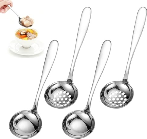 TPTGIAR Stainless Steel Soup Ladle 4PCS Heavy Duty Soup Slotted Ladel Ladle Set Soup Spoons Serving Ladles Spoon for Soup Sauce Stew Cooking Mirror Polished Utensil Set for Kitchen