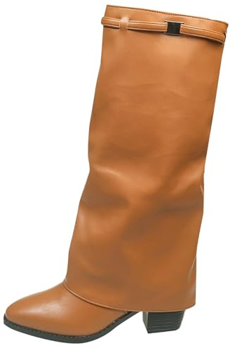 Knähöga stövlar dam med klack – Overknees stövlar Fold Over Shark Boots blockklack övergångsstövlar Dressy knästövlar medeltida skor retro damstövlar breda vinterstövlar, BRUN, 43 EU