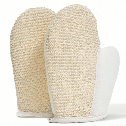 2Pcs Dual-Sided Exfoliating Glove Bath Mitts, Natural Hemp Body Scrub Gloves for Shower & Bath Gentle on Skin, Deep Cleansing, Full Body Use with Hanging Loop (White Mitt)