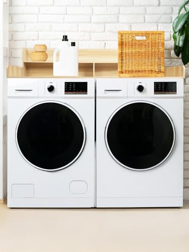 pofluany Washer Dryer Countertop with 2-Tier Shelf, 54 W x 27.5 D Wooden Laundry Countertop Cover with 2.75 H Guard Non-slip Laundry Topper Over Washer Dryer Wooden Color