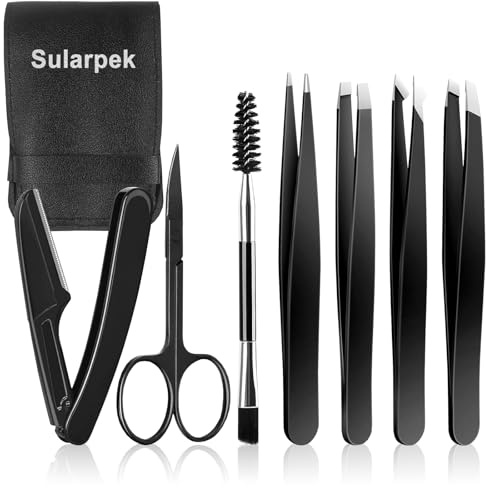 Sularpek Pince à Épiler Professionnelle en Acier Inoxydable, Kit de 7 Pièces pour Sourcils avec Ciseaux Rasoir et étui, Pour Femmes et Hommes,Noir