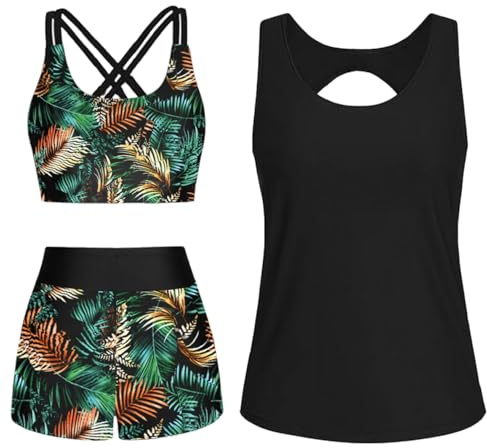 CheChury Tankini Sets for Women 3 Piece Swimming Costumes Tank Top with Padded Bikini Top Push Up Swimming Shorts Tummy Control Swimwear Bikini Shorts Sets Bathing Suit for Women Swimsuits