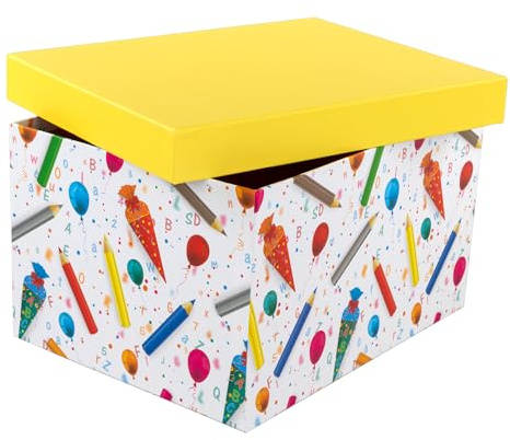 Idena 31922 - Geschenkbox mit Deckel in der Größe 31 x 24 x 18 cm, Geschenkschachtel mit buntem Schultüten-Motiv für den Schulanfang