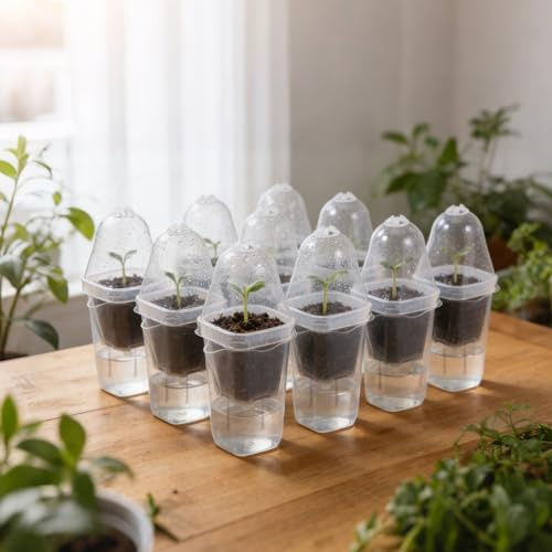 shaojian 12Pcs Seedling Pots Self Watering Clear Plastic Plant Pots with Humidity Dome and Drainage Small Plant Container for Seedlings, Cuttings, Succulents, Herbs, Vegetables