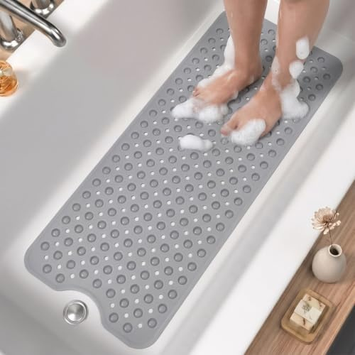 GNEGNI LIFE Badewannenmatte rutschfest 101x40 cm, Extra Lange Antirutschmatte Badewanne & Dusche, schimmelresistent & maschinenwaschbar, BPA-frei Duschmatte mit Saugnäpfen (Hellgrau)